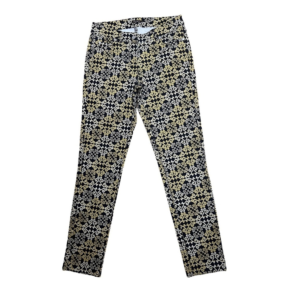 J McLaughlin Jeans Newport Scroll Black Gold Print Skinny Sz 0 Preppy Coastal